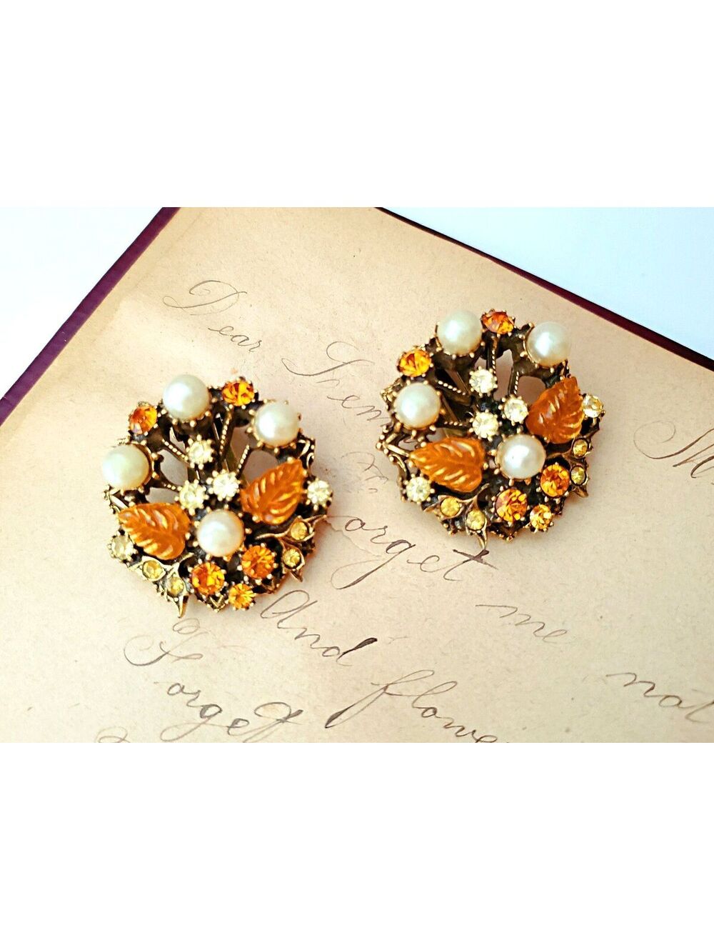 Vintage Mid-Century Amber Rhinestones and Faux Pearl Clip On Earrings